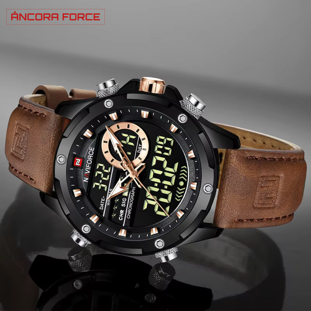 Relógio Masculino NAVIFORCE NF9208 – Digital Militar com Pulseira de Couro