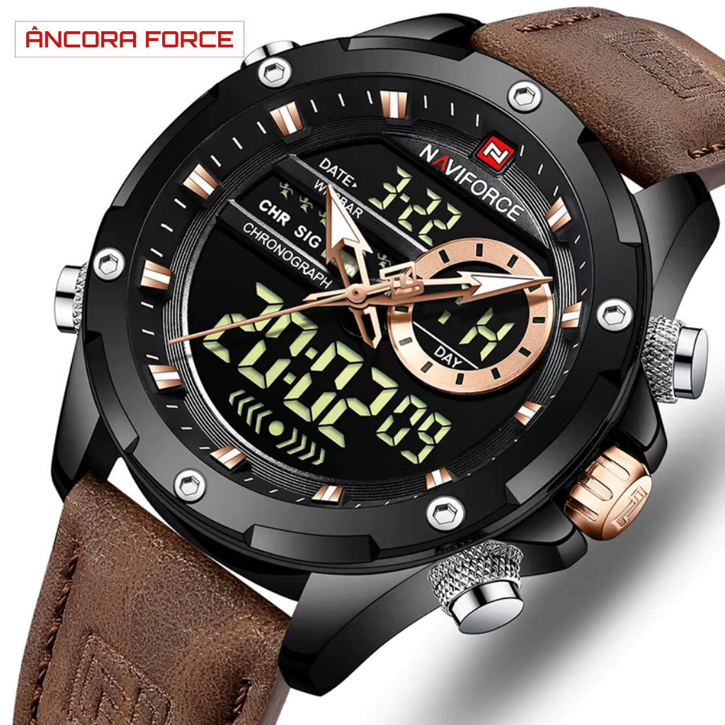 Relógio Masculino NAVIFORCE NF9208 – Digital Militar com Pulseira de Couro