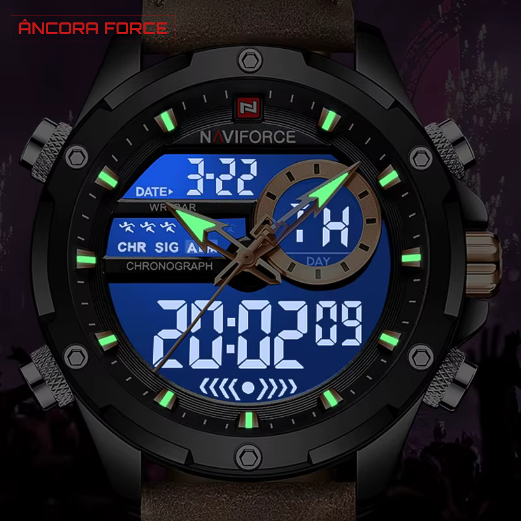Relógio Masculino NAVIFORCE NF9208 – Digital Militar com Pulseira de Couro