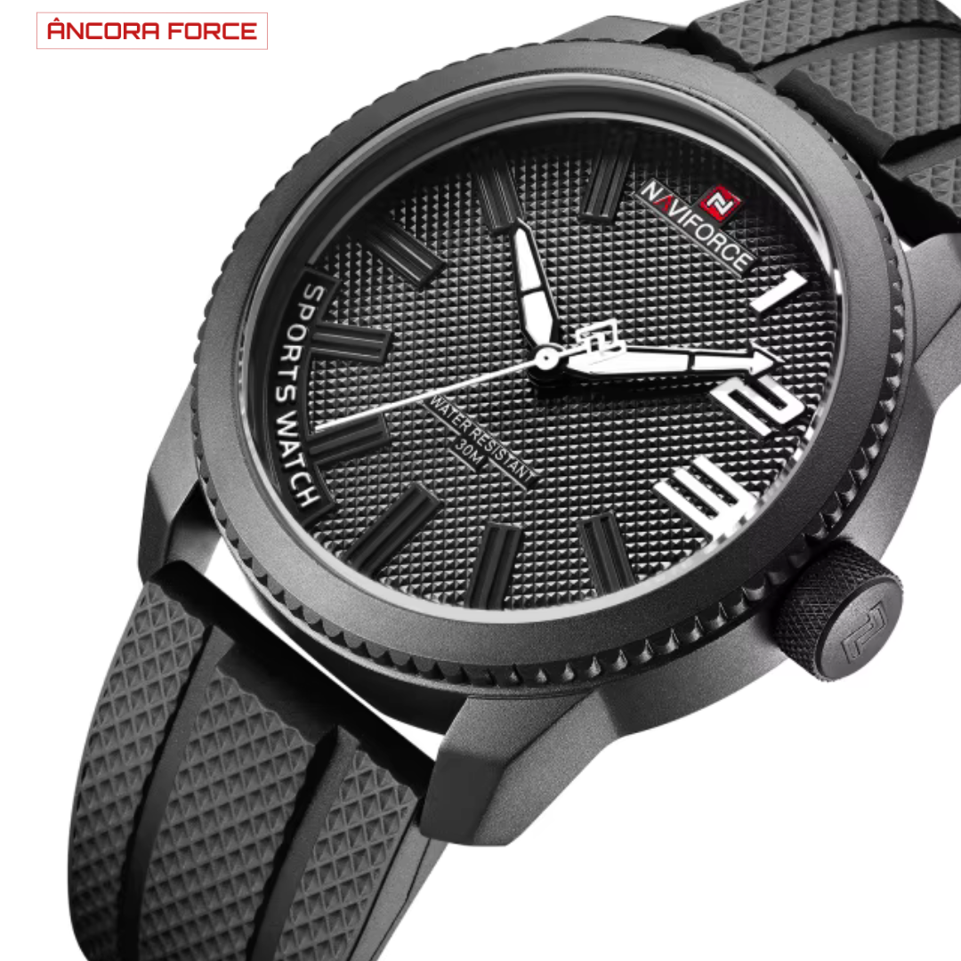 Relógio Masculino NAVIFORCE NF9202T — Militar Preto com Pulseira de Silicone e Resistência à Água 30M