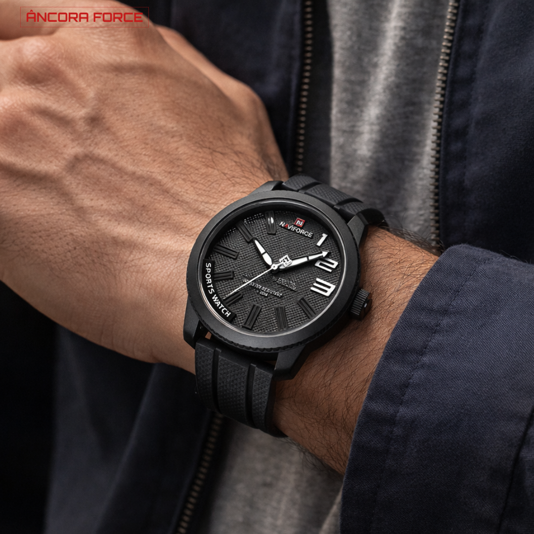 Relógio Masculino NAVIFORCE NF9202T — Militar Preto com Pulseira de Silicone e Resistência à Água 30M