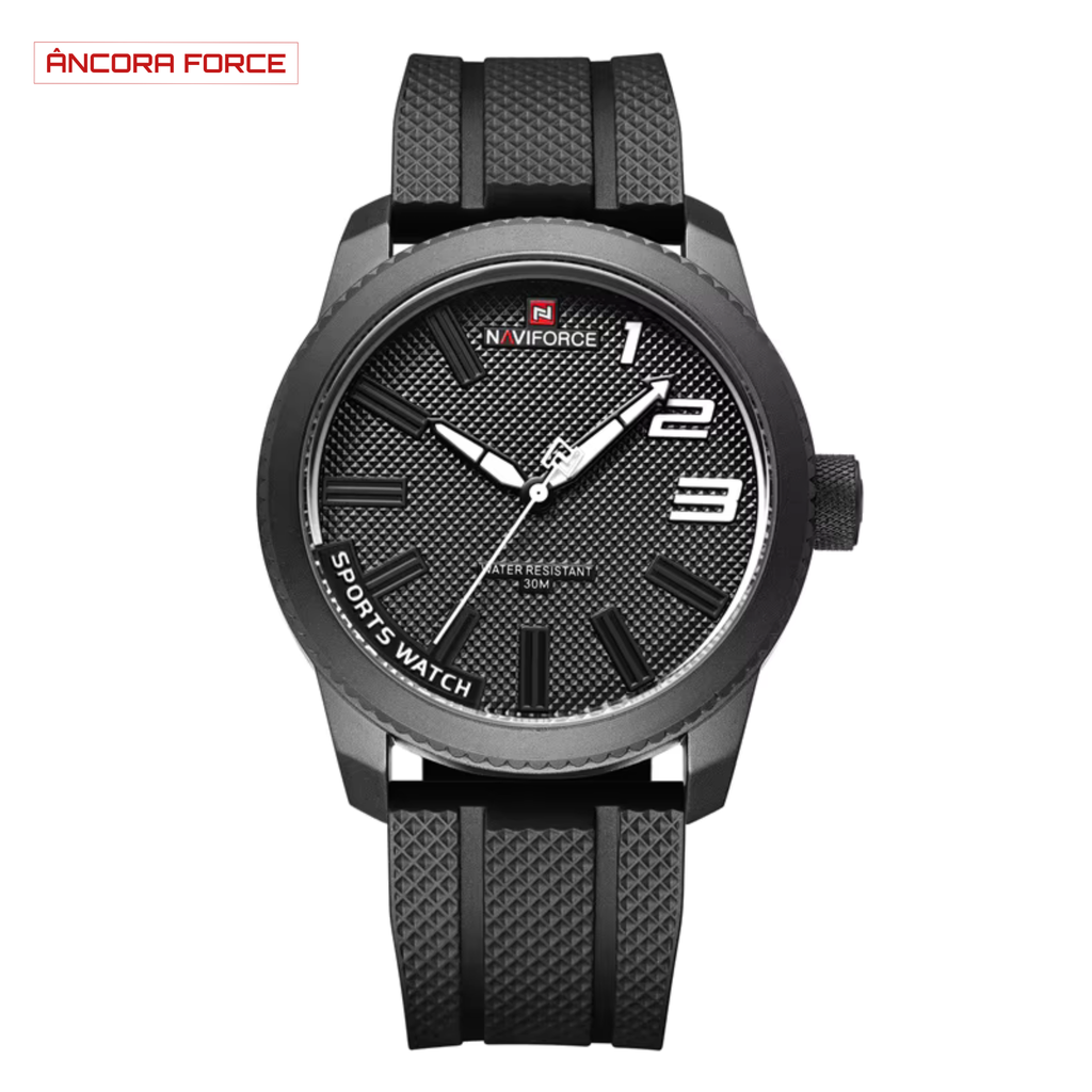 Relógio Masculino NAVIFORCE NF9202T — Militar Preto com Pulseira de Silicone e Resistência à Água 30M