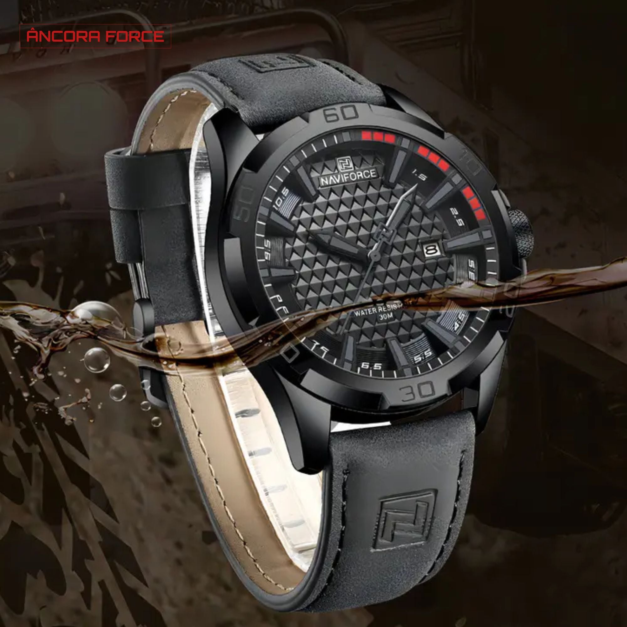Relógio Masculino NAVIFORCE NF8023 — Esportivo Preto com Pulseira de Couro Ecológico