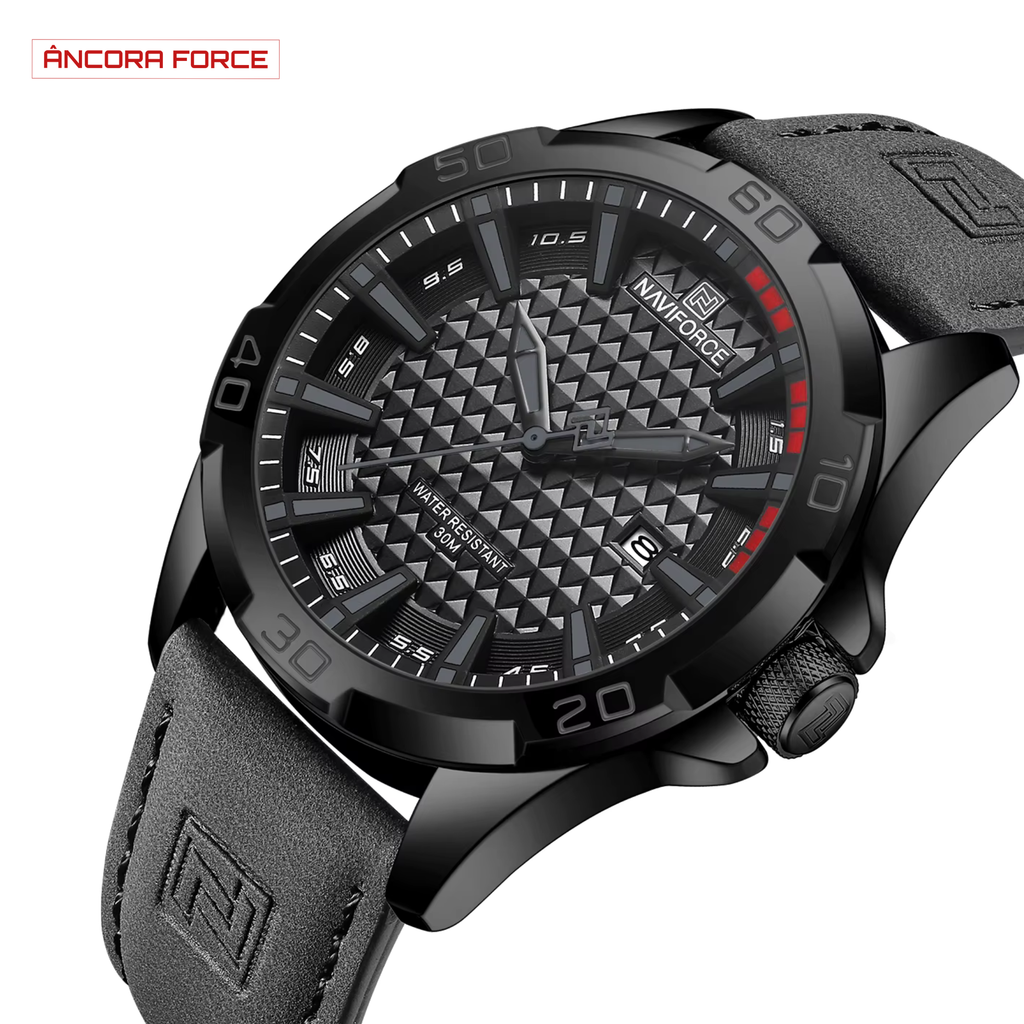 Relógio Masculino NAVIFORCE NF8023 — Esportivo Preto com Pulseira de Couro Ecológico