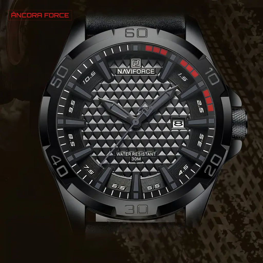 Relógio Masculino NAVIFORCE NF8023 — Esportivo Preto com Pulseira de Couro Ecológico