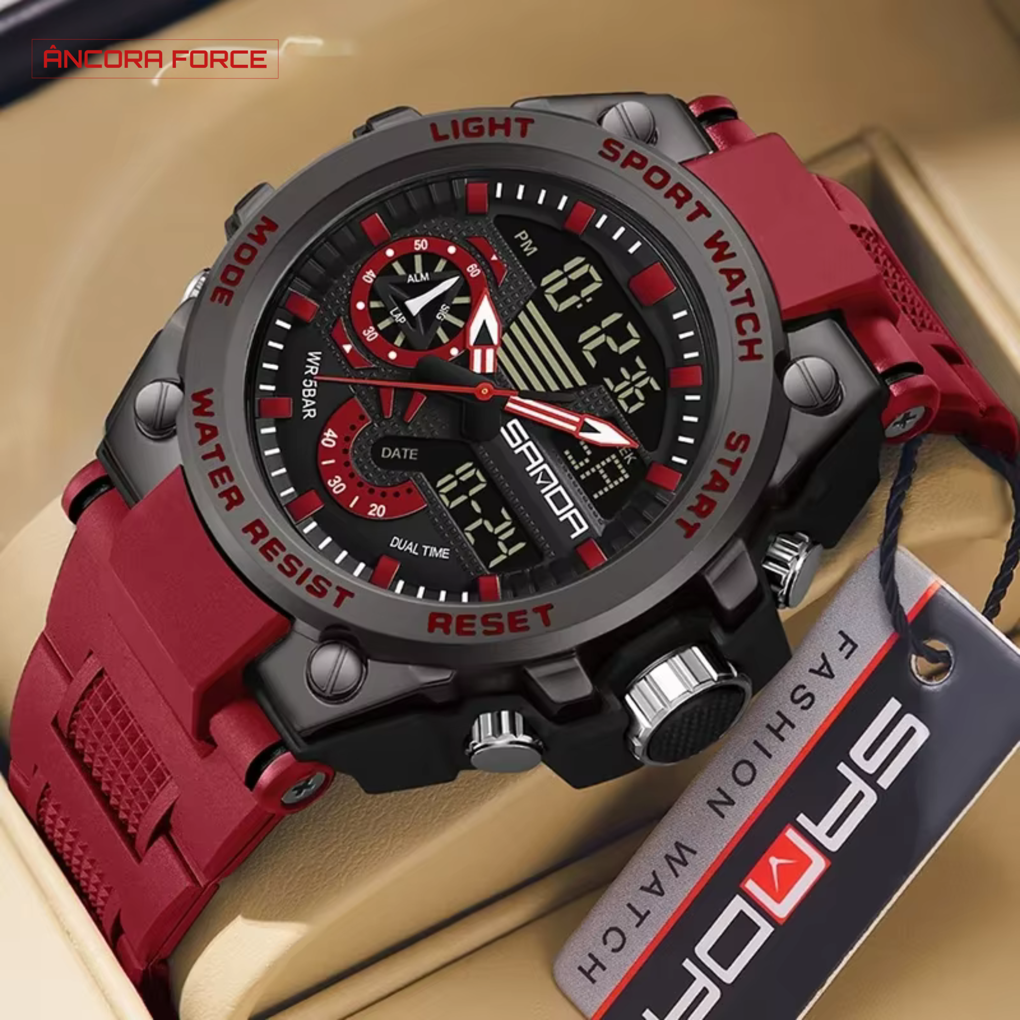 Relógio Masculino SANDA SD3302 — Esportivo Digital Vermelho com Pulseira de Borracha e Resistência à Água 50M
