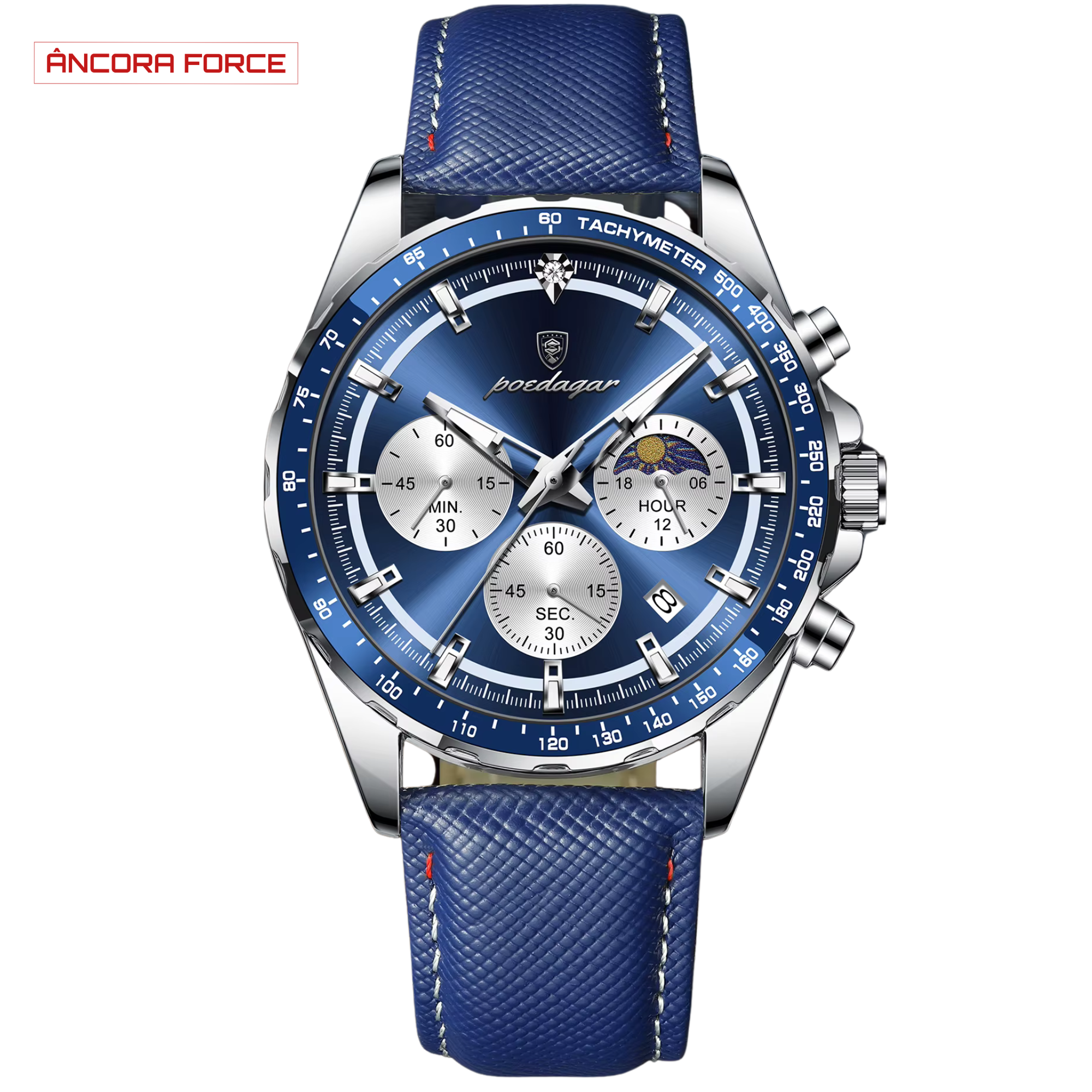 Relógio Masculino POEDAGAR 879 Couro Quartzo - Prata e Azul