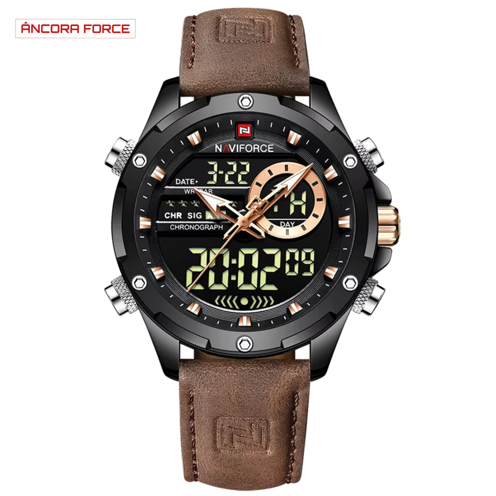 Relógio Masculino NAVIFORCE NF9208 – Digital Militar com Pulseira de Couro