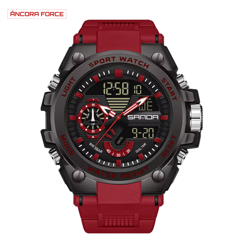 Relógio Masculino SANDA SD3302 — Esportivo Digital Vermelho com Pulseira de Borracha e Resistência à Água 50M