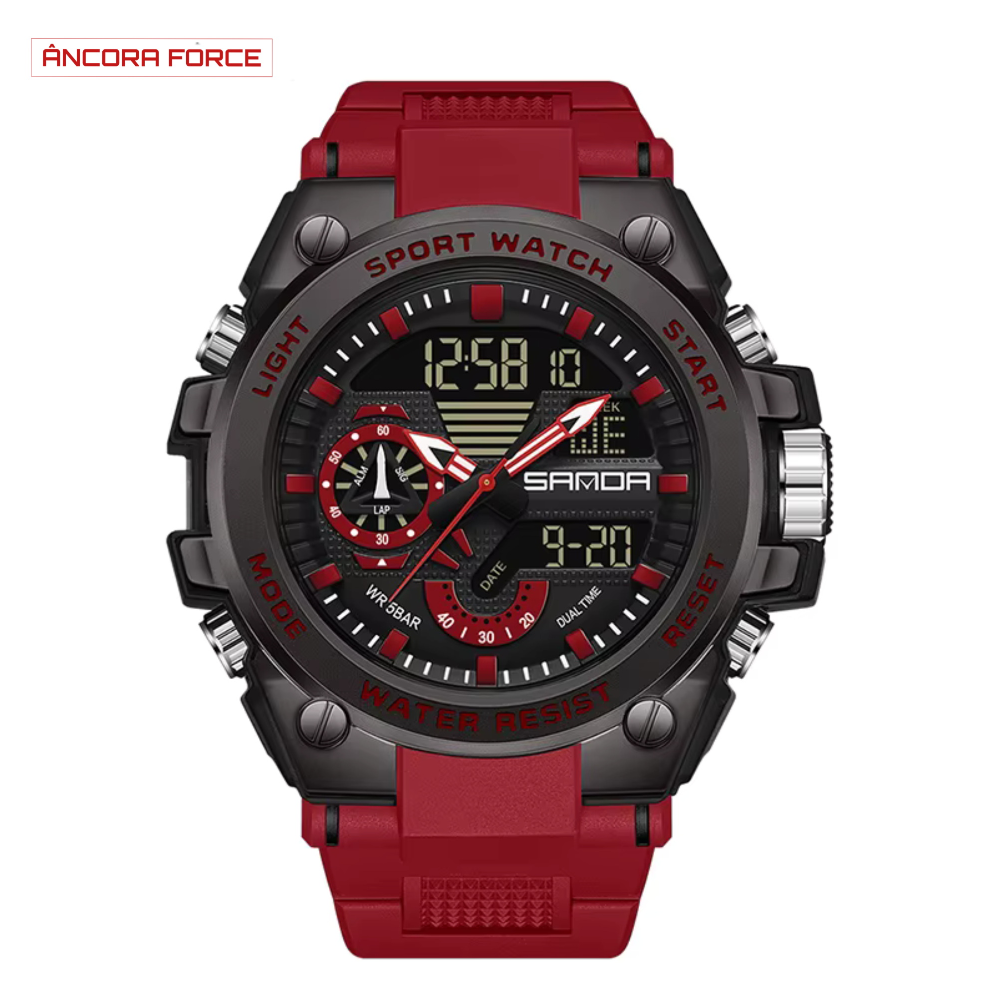 Relógio Masculino SANDA SD3302 — Esportivo Digital Vermelho com Pulseira de Borracha e Resistência à Água 50M