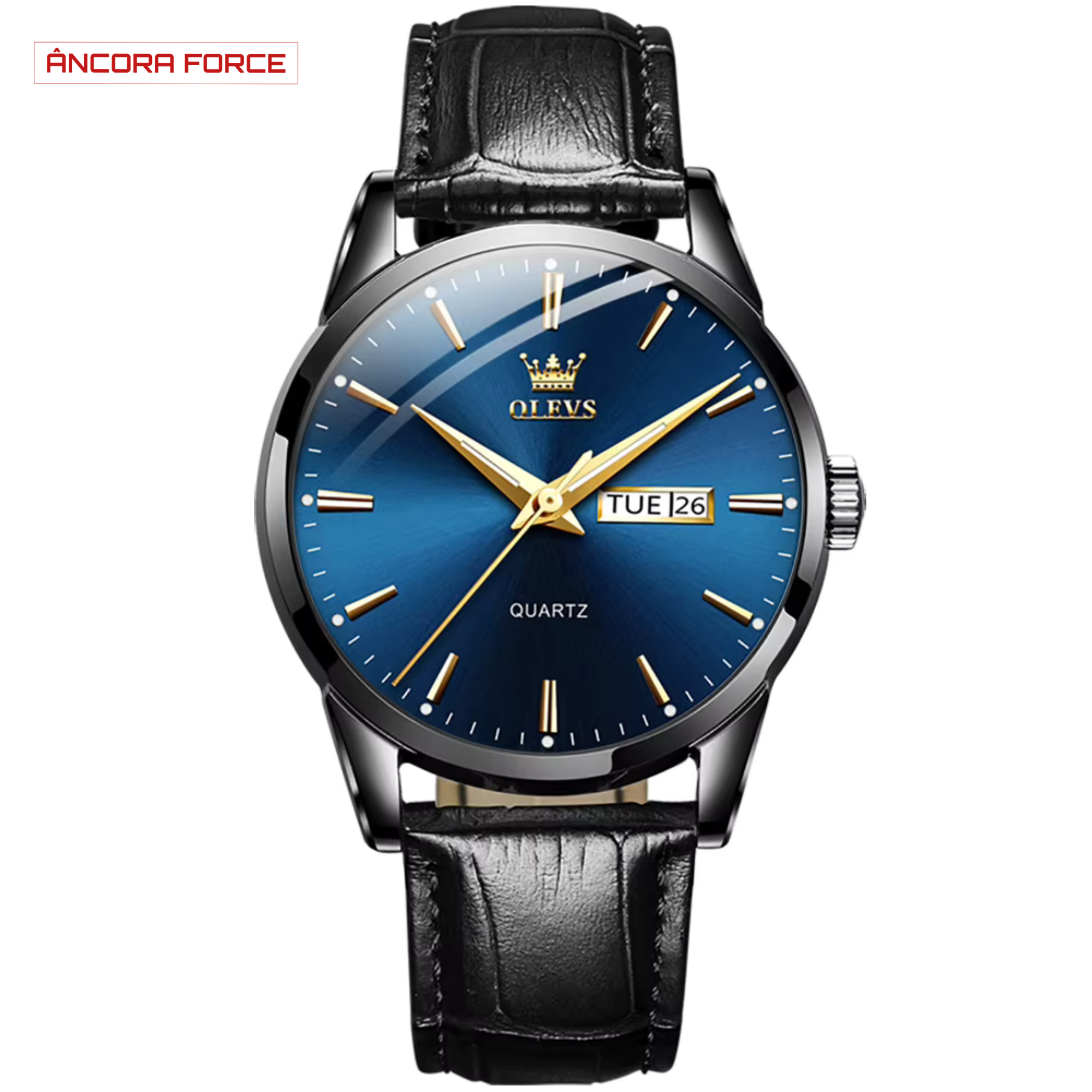 Relógio Masculino OLEVS — Executivo Couro Dourado-Azul / Preto-Azul