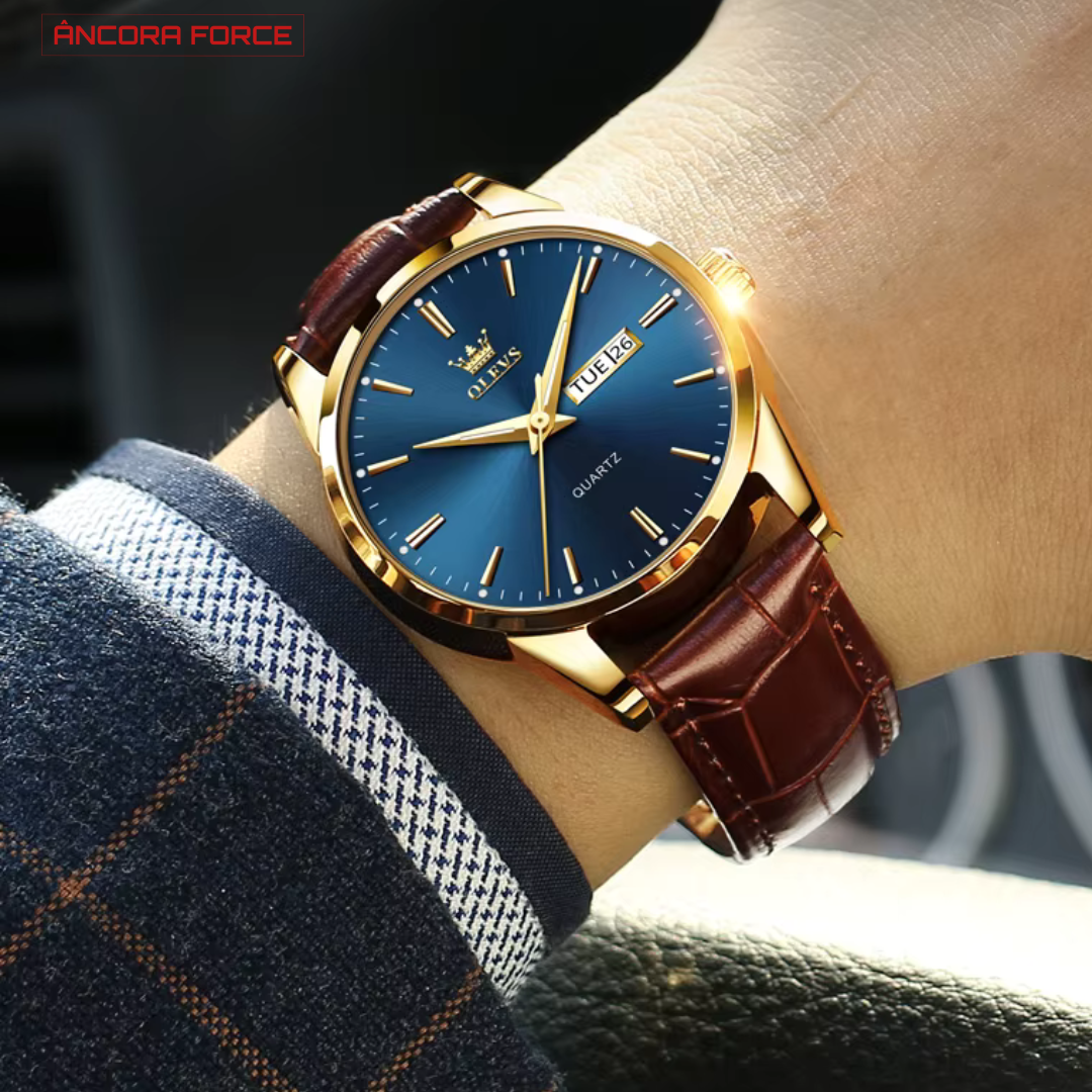 Relógio Masculino OLEVS — Executivo Couro Dourado-Azul / Preto-Azul