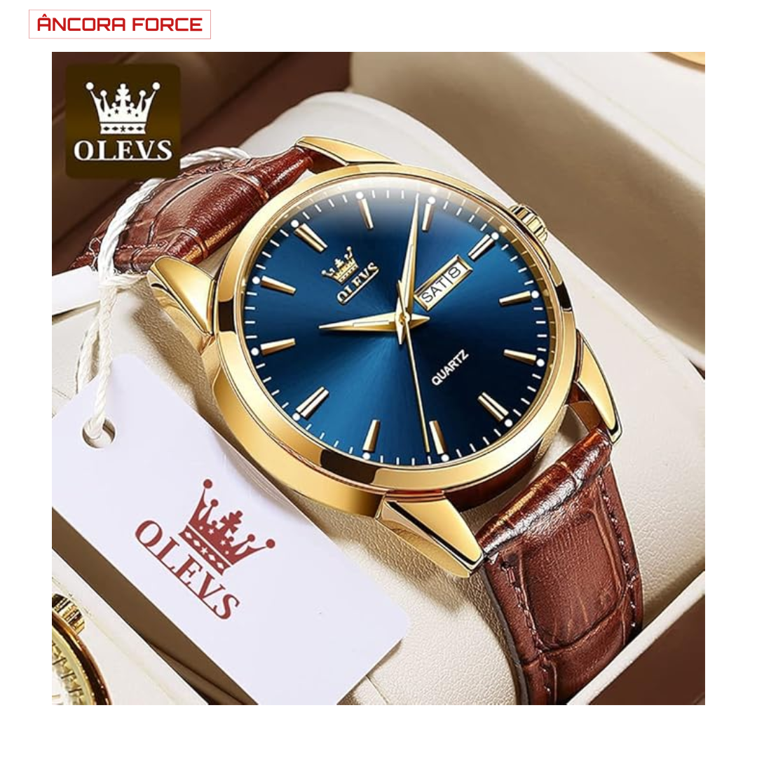Relógio Masculino OLEVS — Executivo Couro Dourado-Azul / Preto-Azul