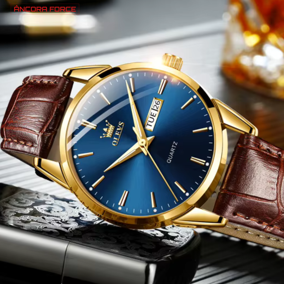 Relógio Masculino OLEVS — Executivo Couro Dourado-Azul / Preto-Azul