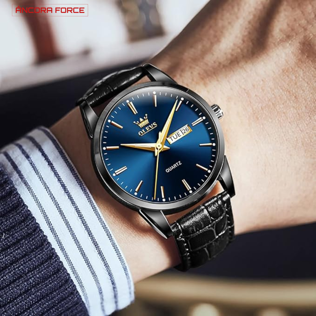 Relógio Masculino OLEVS — Executivo Couro Dourado-Azul / Preto-Azul