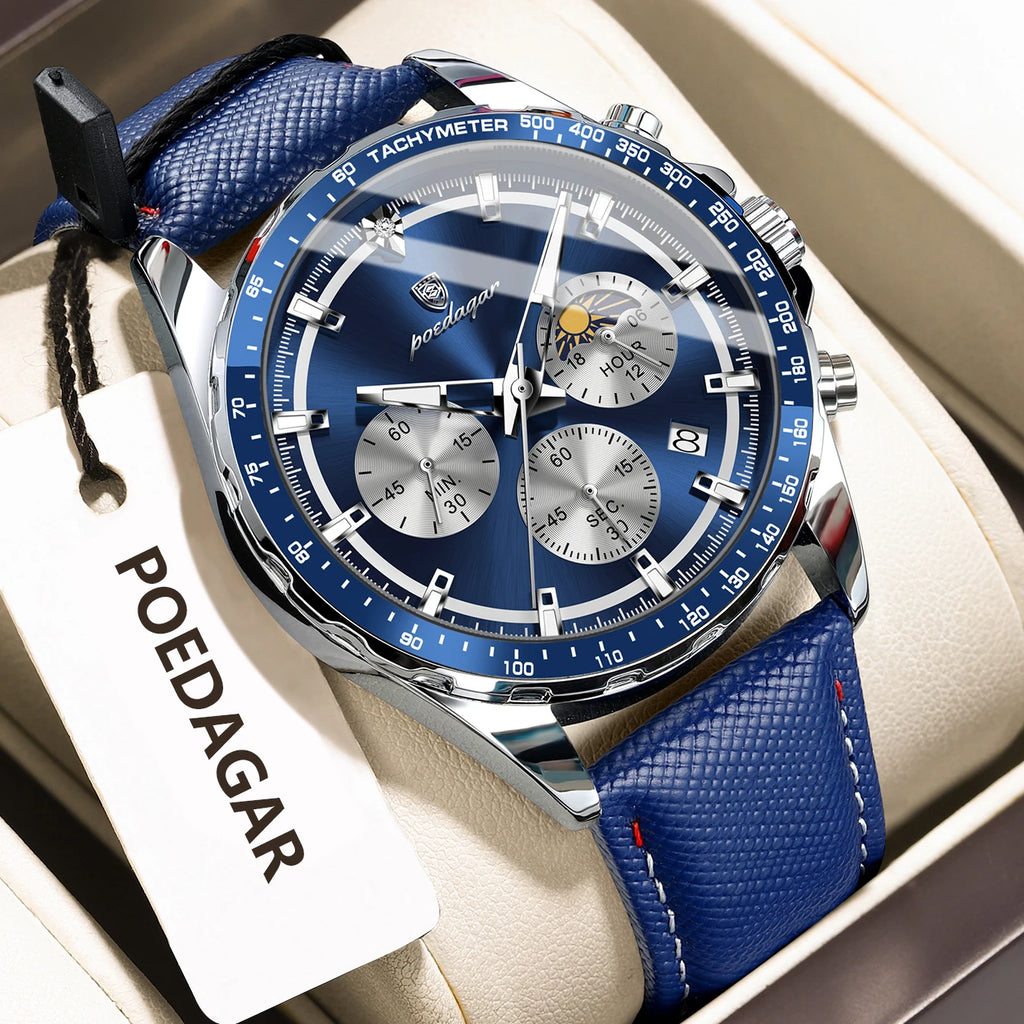 Relógio Masculino POEDAGAR 879 Couro Quartzo - Prata e Azul