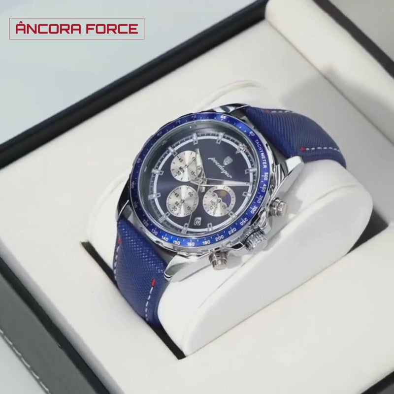 Relógio Masculino POEDAGAR 879 Couro Quartzo - Prata e Azul